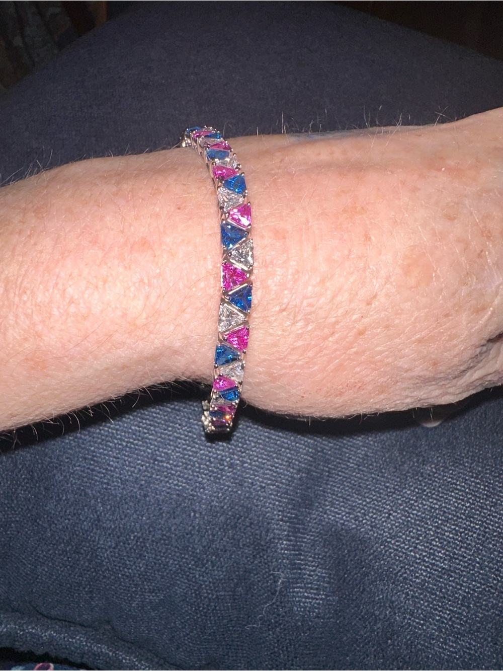 Suzanne Somers Silver 8” Bracelet with Pink, Blue & clear trillion cut stones - Picture 4 of 7